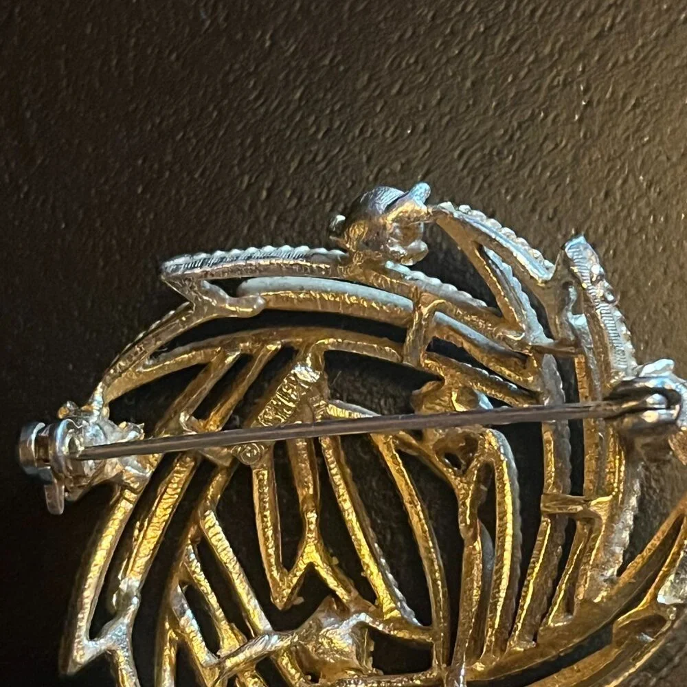 Vintage Gold tone Open Work Blue AB Rhinestone Brooch LISNER